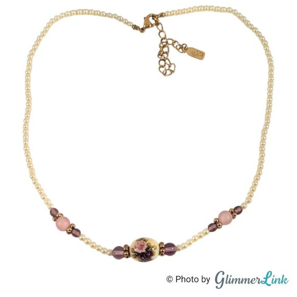 1928 Company Faux Pearl Pink Purple Roses Beaded Necklace - Picture 4 of 9